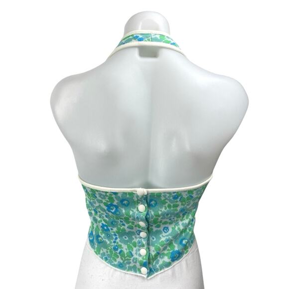 Zara Blue Green Floral Halter Sleeveless Scoop Neck Open Back Crop Top Size S - Picture 2 of 3